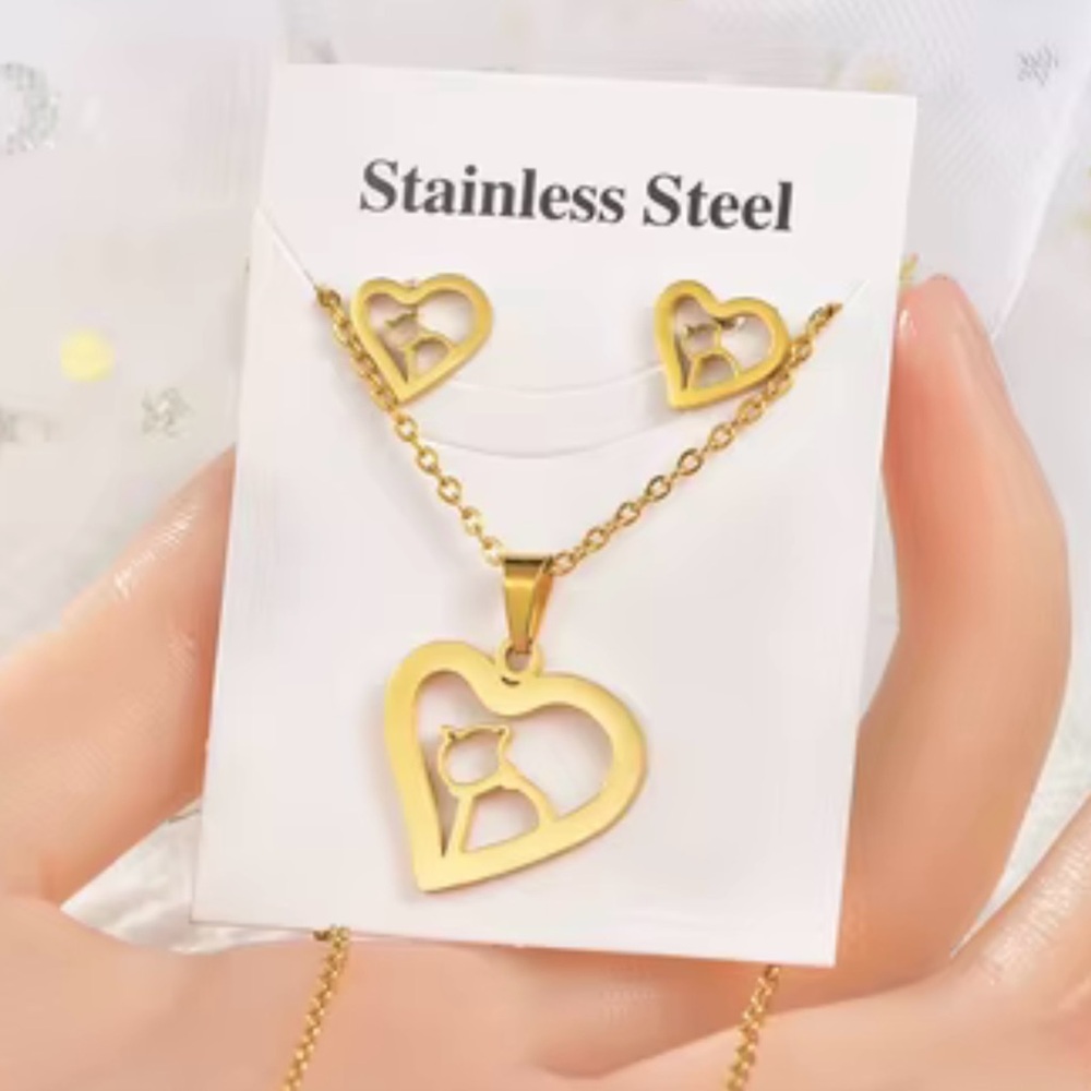 New, Heart Stainless Steel Necklace and Earrings Set. Choose Gold or Silver tone